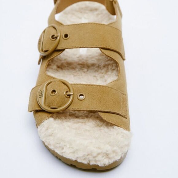 Zara Brown Leather Buckled Flat Sandals Shoes size 10 - Picture 6 of 12